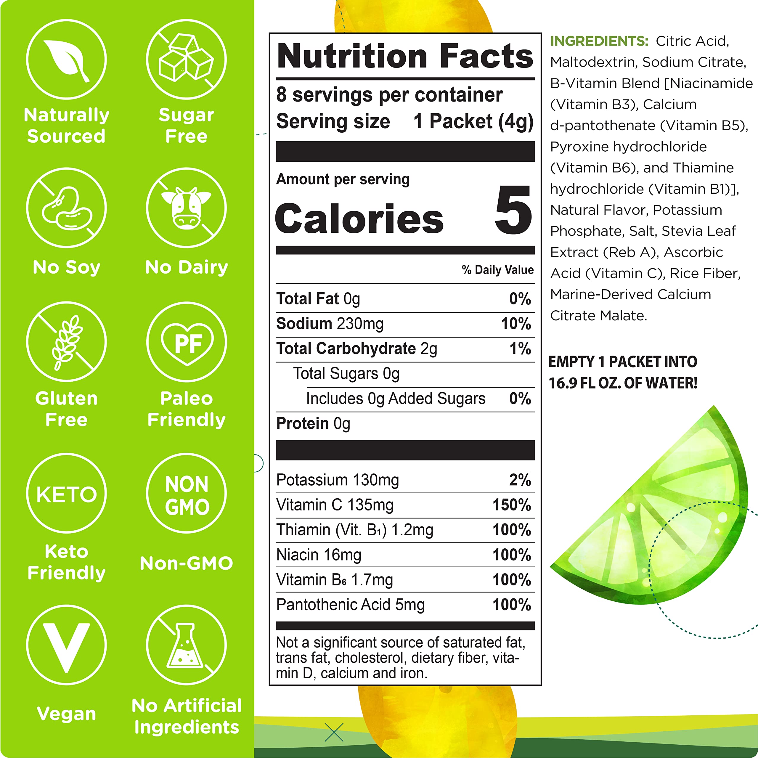 Close-up label shows antioxidants and B vitamins from Stur Lemon Lime.