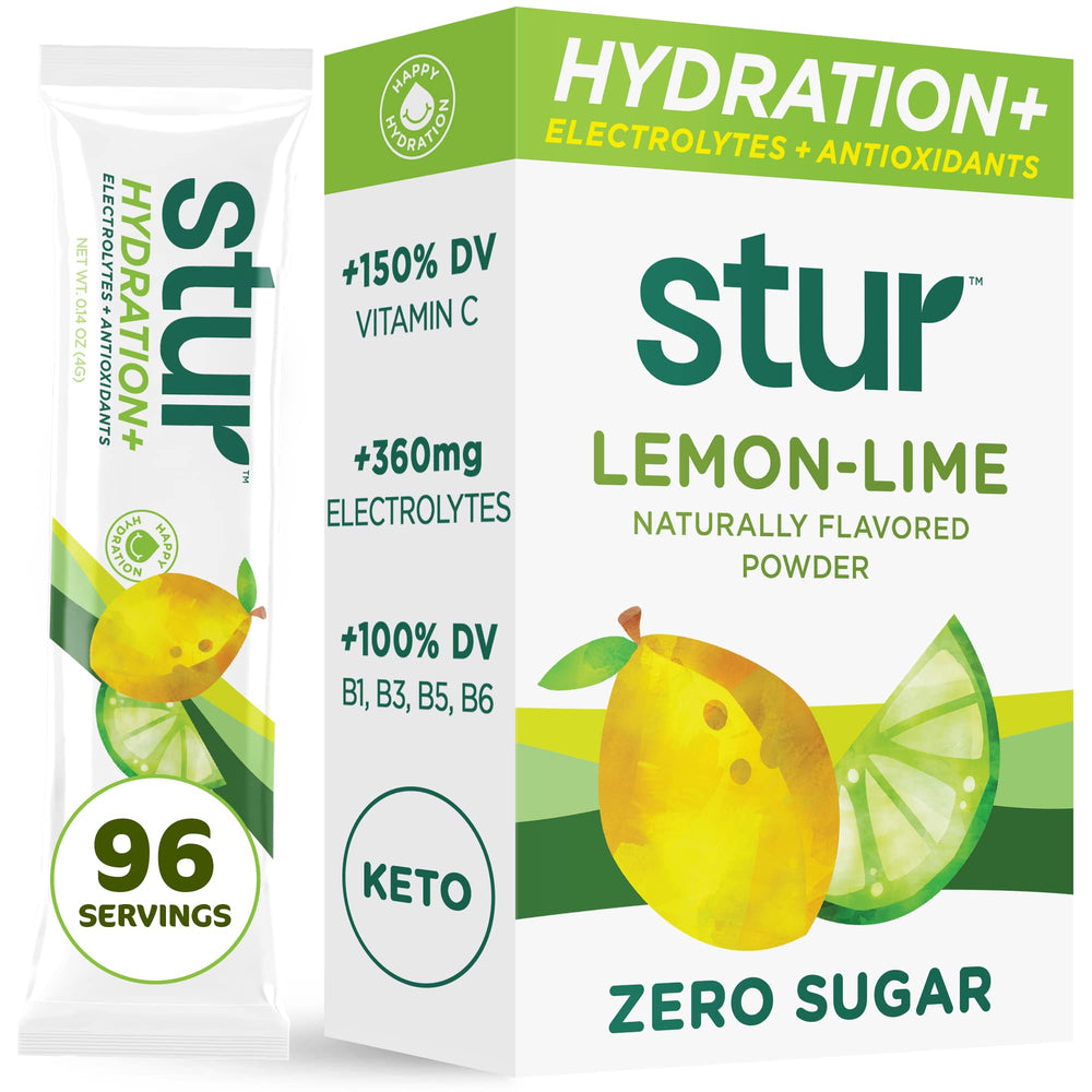 Stur Electrolytes Lemon Lime packet front view for on-the-go hydration.