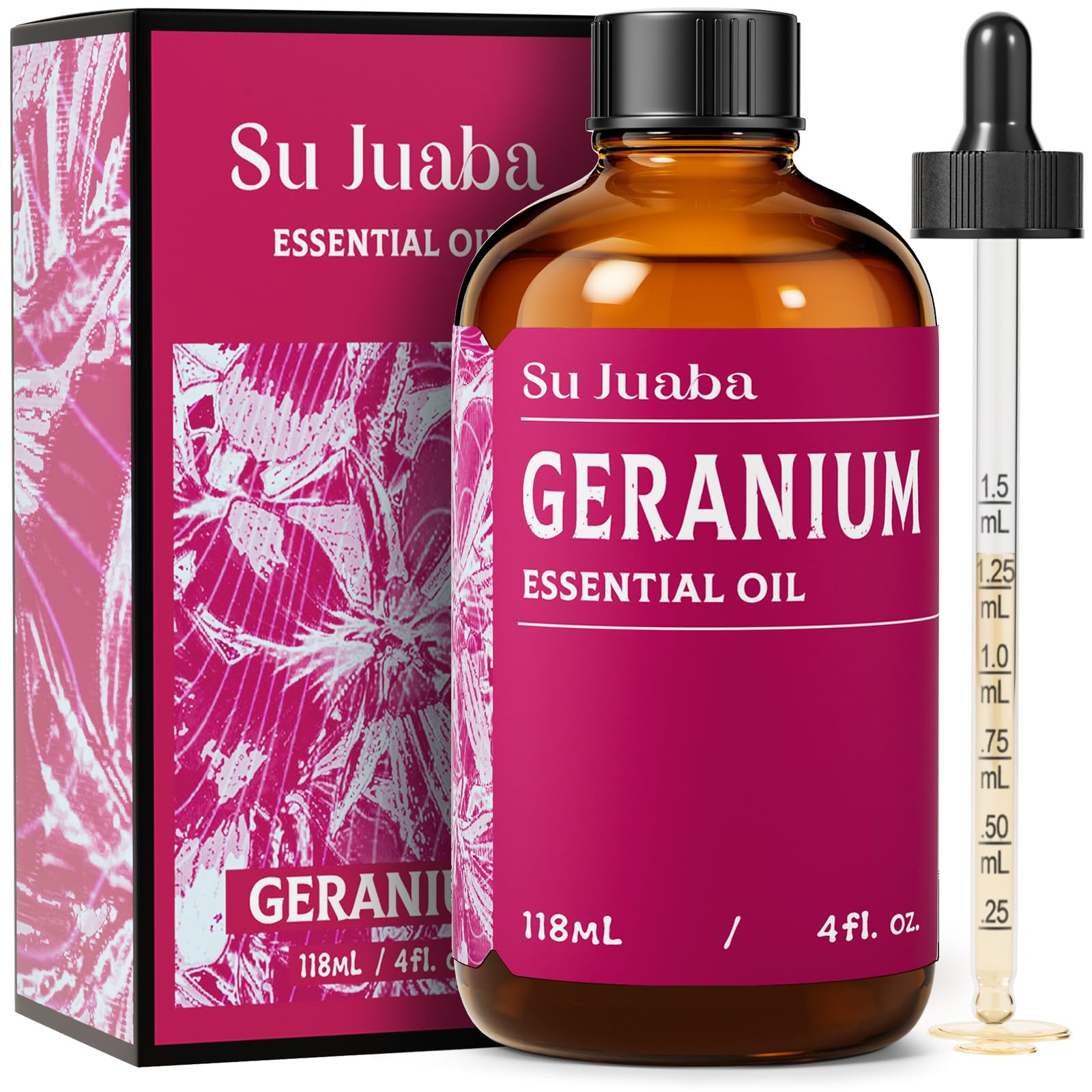 SU JUABA aceite esencial de geranio en botella ámbar para aroma puro y duradero.