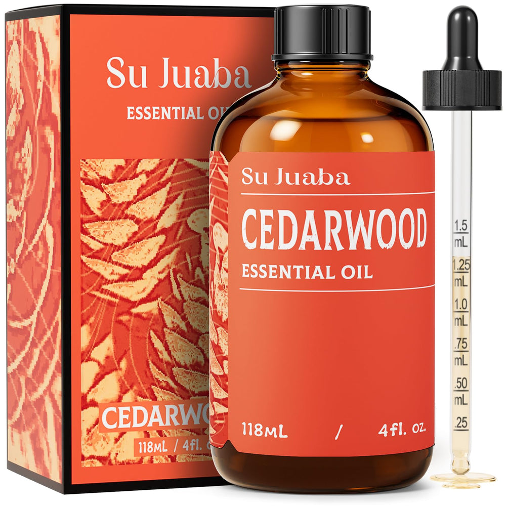 SU JUABA Cedarwood oil bottle close-up for calm mood.