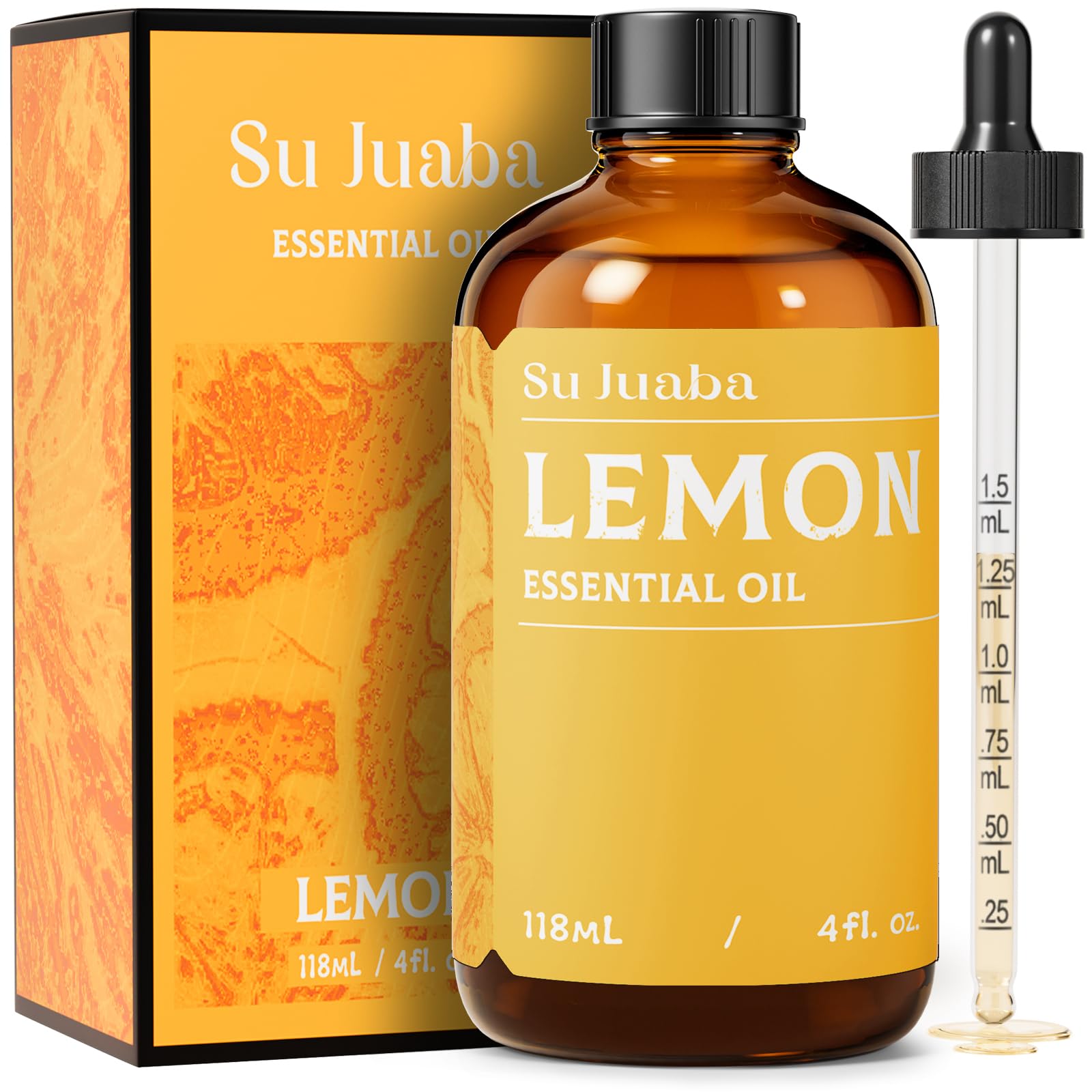 SU JUABA Lemon Essential Oil in amber bottle preserves aroma.