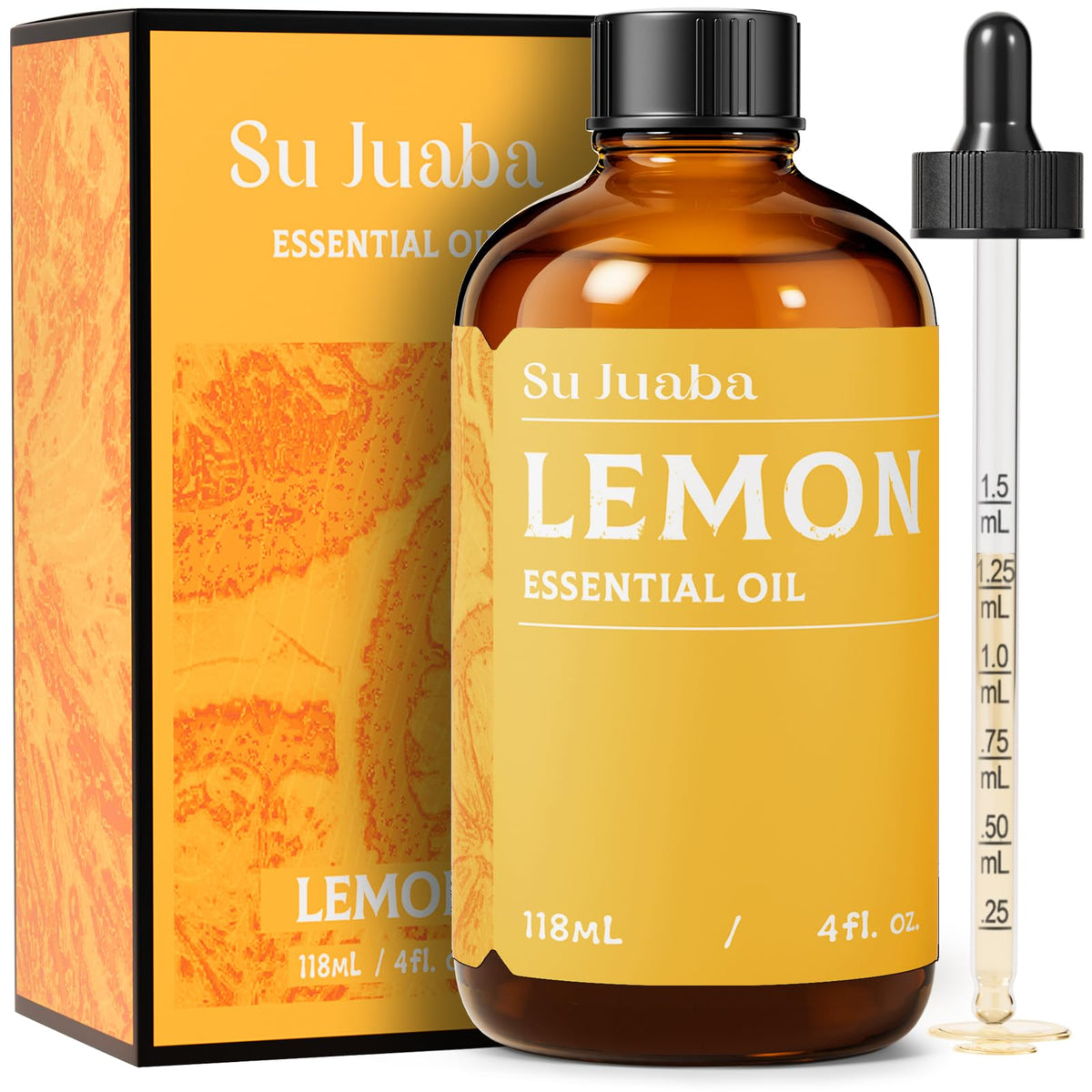 SU JUABA Lemon Essential Oil in amber bottle preserves aroma.