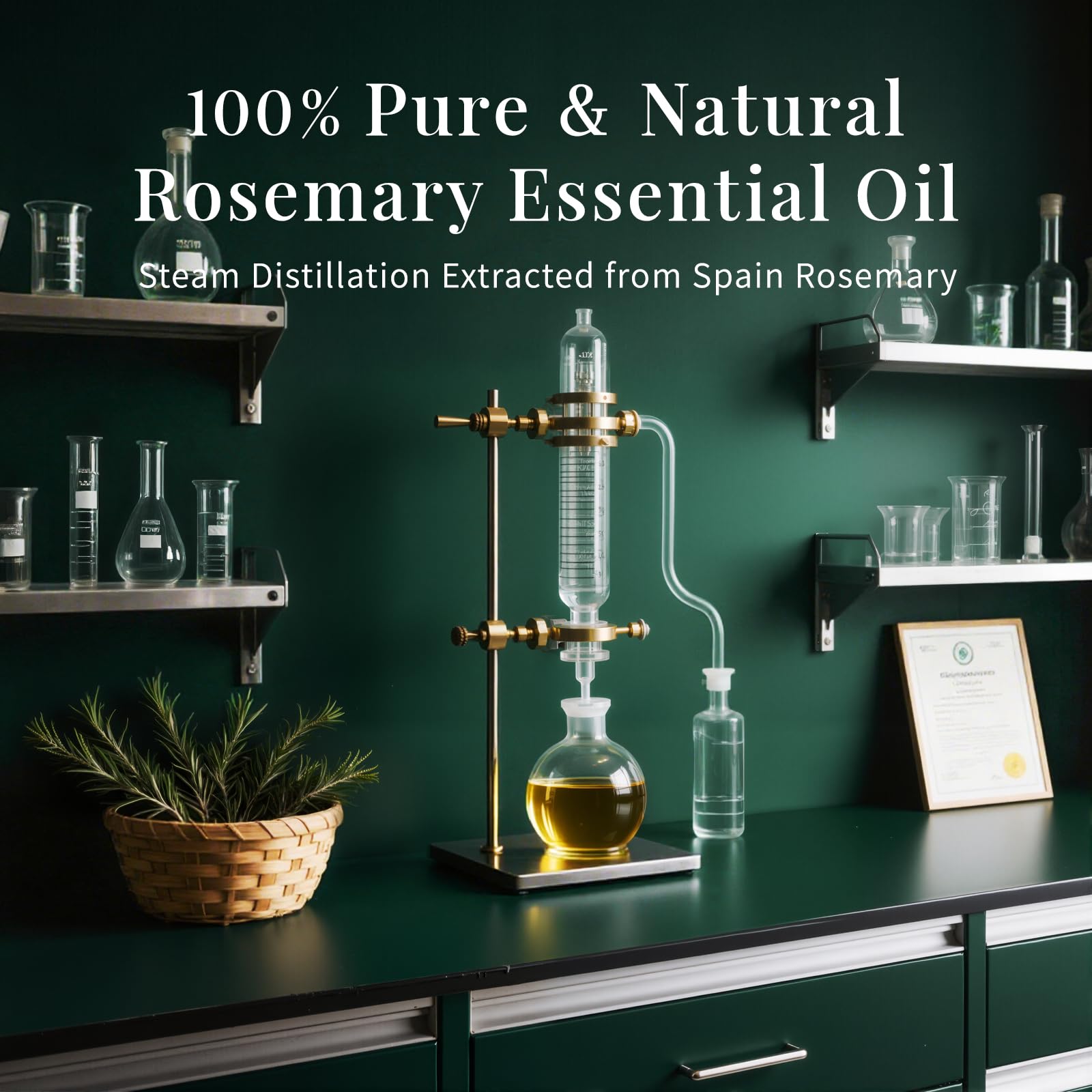 SU JUABA rosemary essential oil packaging protects aroma in an amber bottle.