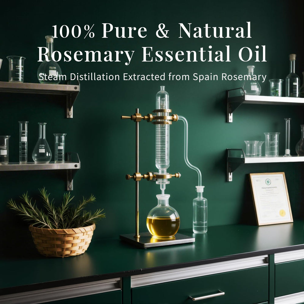 SU JUABA rosemary essential oil packaging protects aroma in an amber bottle.