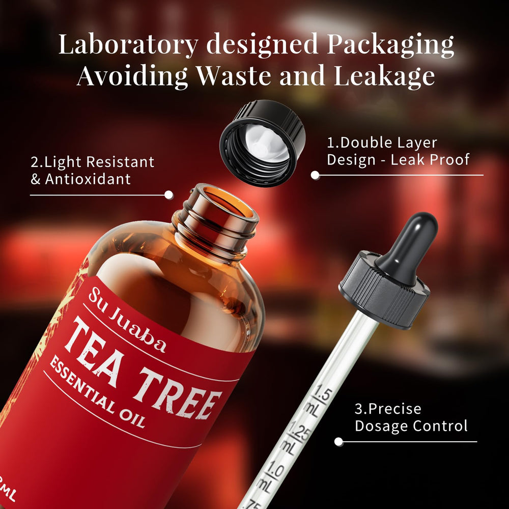 SU JUABA Tea Tree Oil packaging with dropper shows quality and easy dosing.