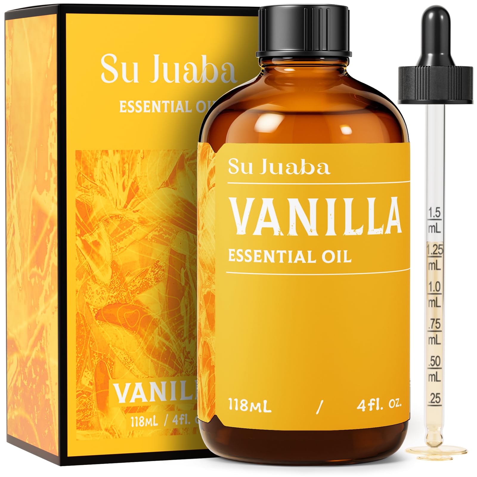 SU JUABA Vanilla Essential Oil bottle for diffusion and mood uplift.