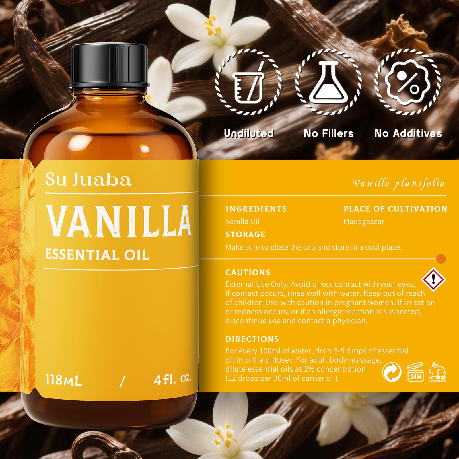 Amber SU JUABA Vanilla bottle with glass dropper packaging detail.