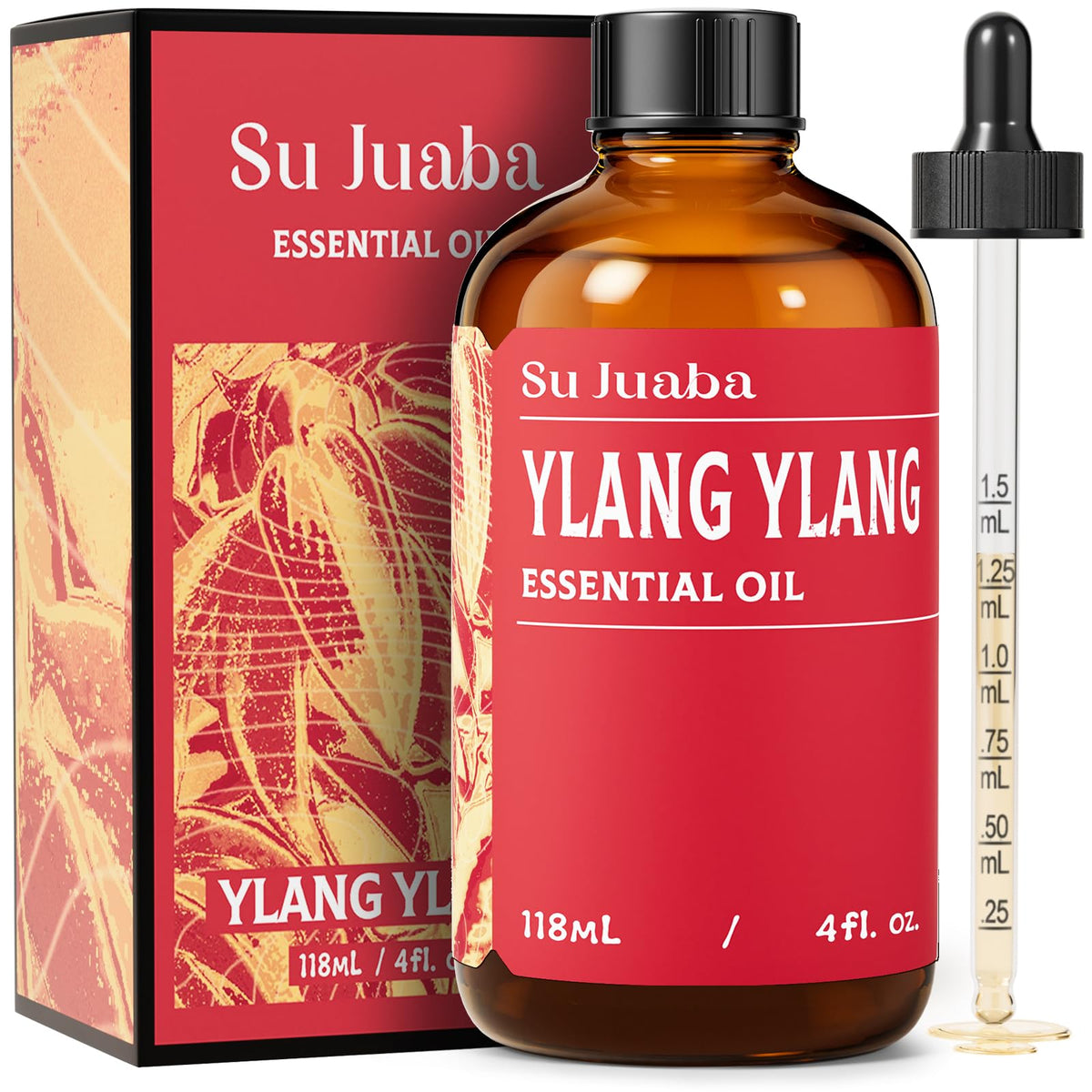 SU JUABA Ylang-Ylang: botella de vidrio ambar protege la fragancia y pureza.