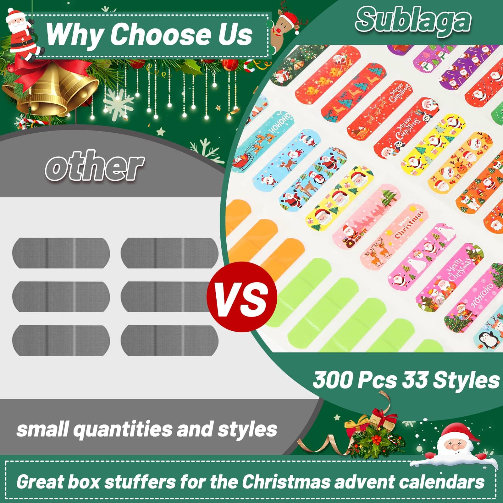 Sublaga Christmas bandages with Christmas tree design offer kid-friendly wound care.