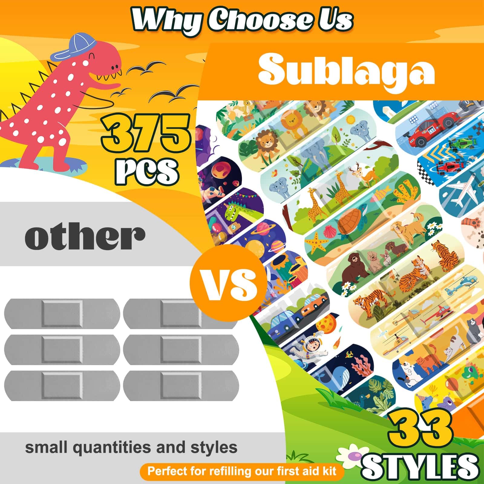 Sublaga kids bandages 33-styles variety pack encourages play during minor scrapes