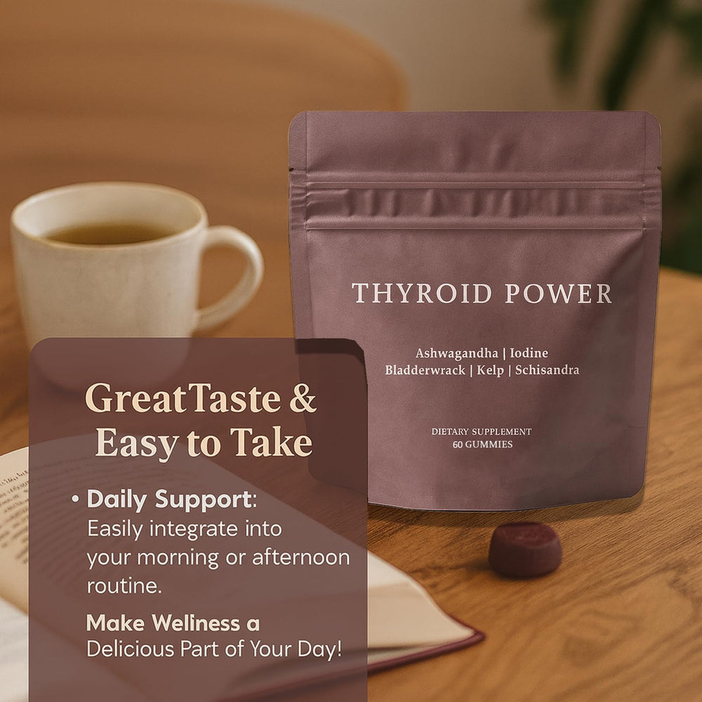 SUBMETIC Thyroid Power Gummies ashwagandha visual emphasizes calming focus.