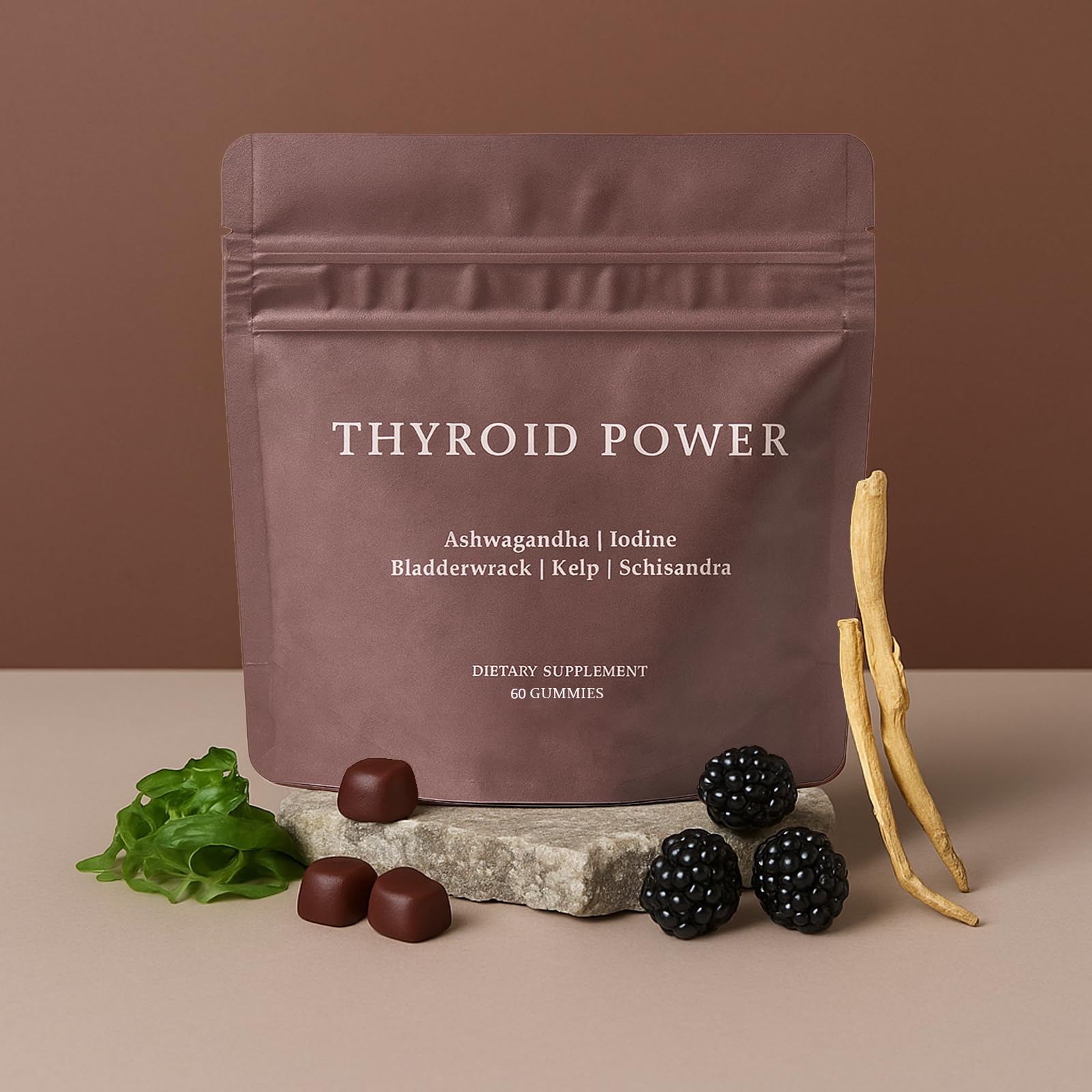 SUBMETIC Thyroid Power Gummies ingredients panel features natural botanicals.