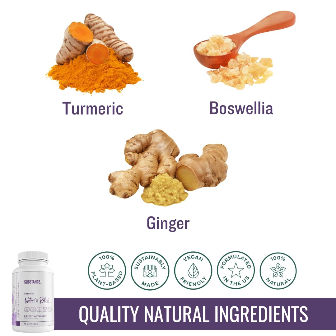 SUBSTANCE Nature’s Relief bottle close-up highlighting turmeric formula.