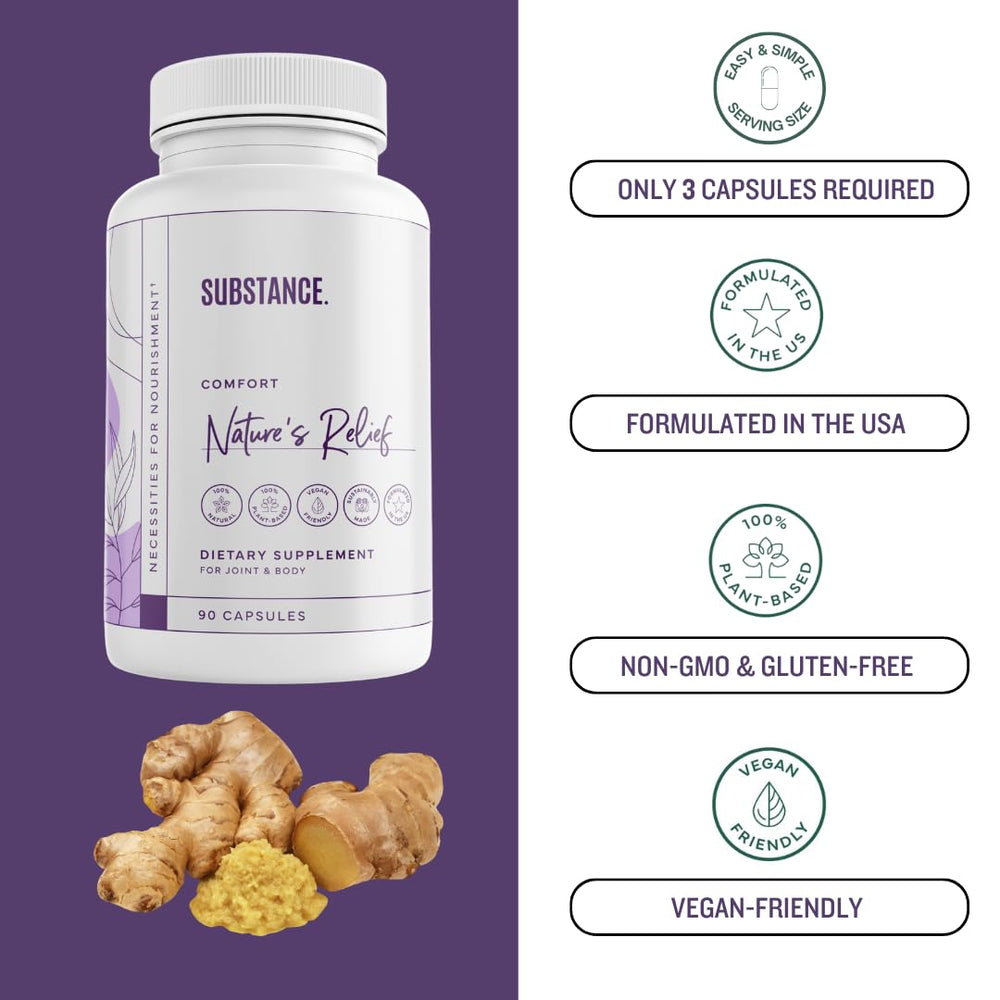 SUBSTANCE Nature’s Relief label notes USA manufacturing and non GMO ingredients.