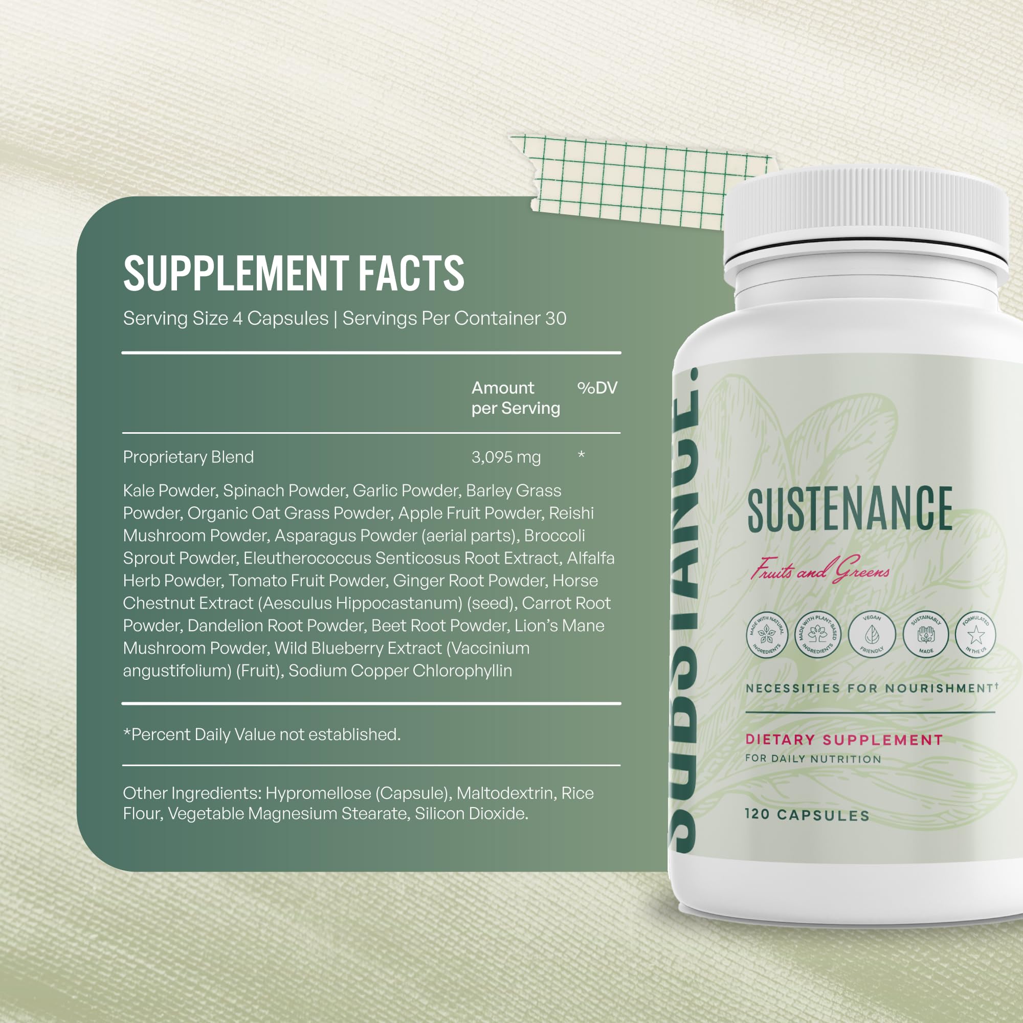 SUBSTANCE Sustenance daily capsules pack illustrating easy four-capsule routine.