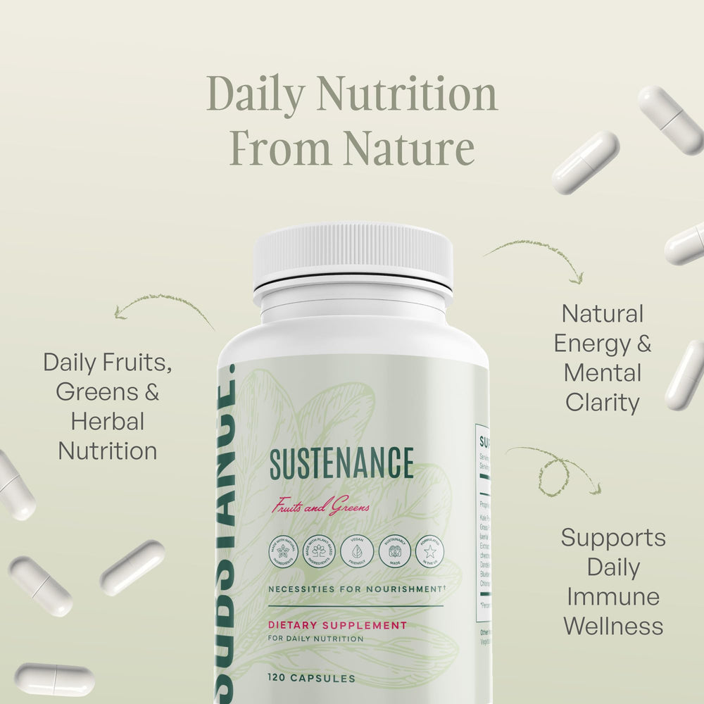 SUBSTANCE Sustenance ingredients blend close-up with greens, berries, and mushrooms.