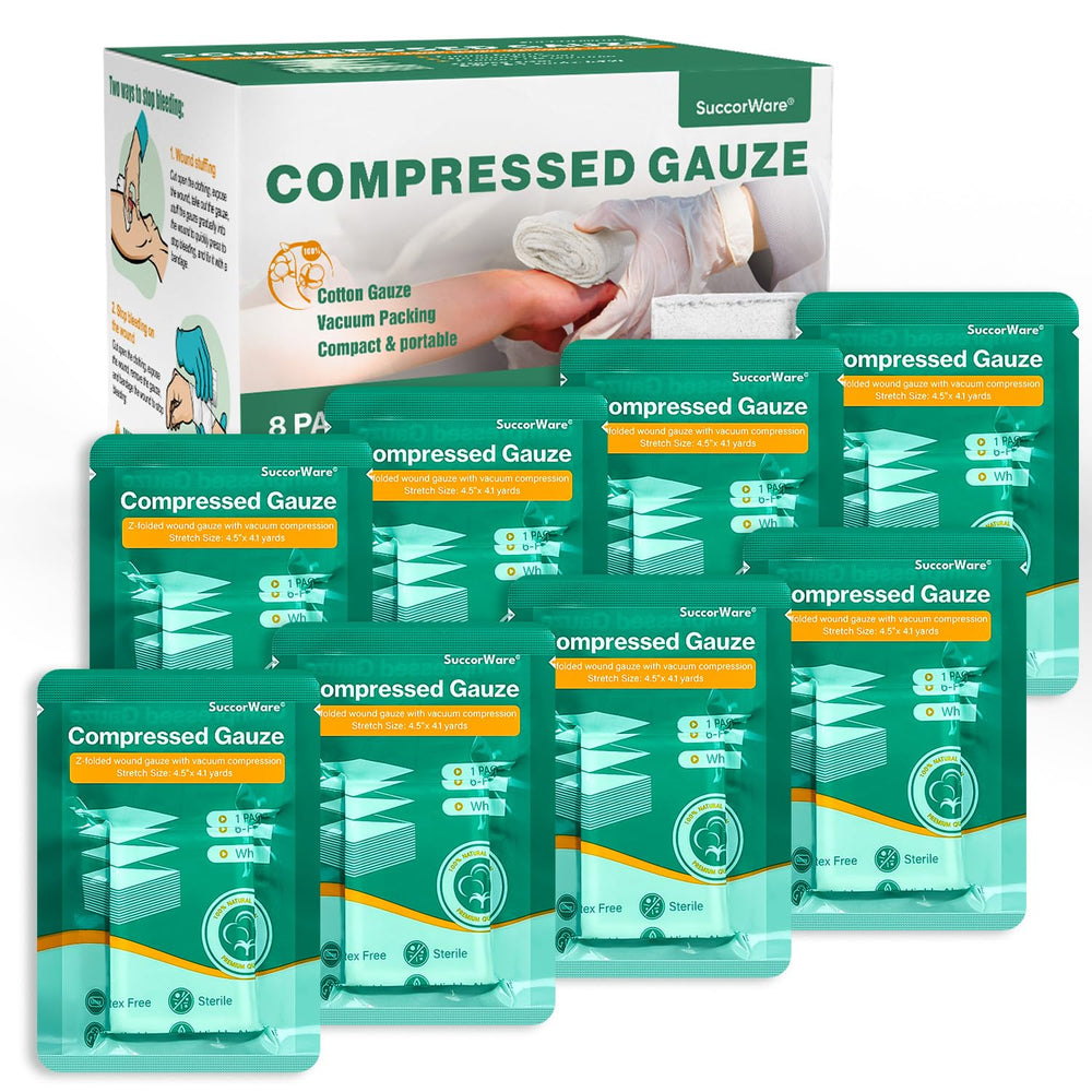 SuccorWare 8-pack z-fold gauze showing absorbent, breathable design for quick wound coverage.