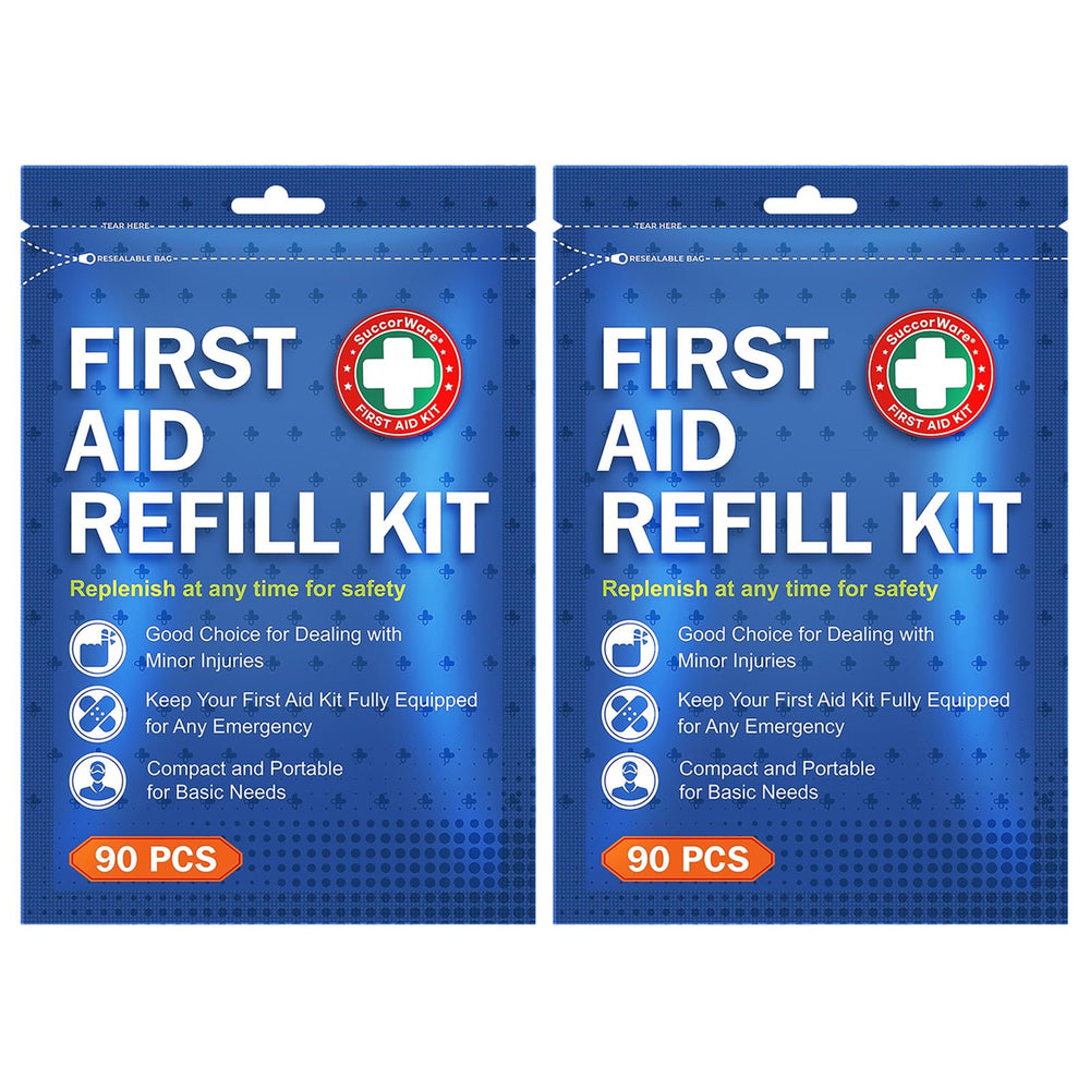 SuccorWare 90-piece first aid refill kit with organized bandages, ideal for home care.
