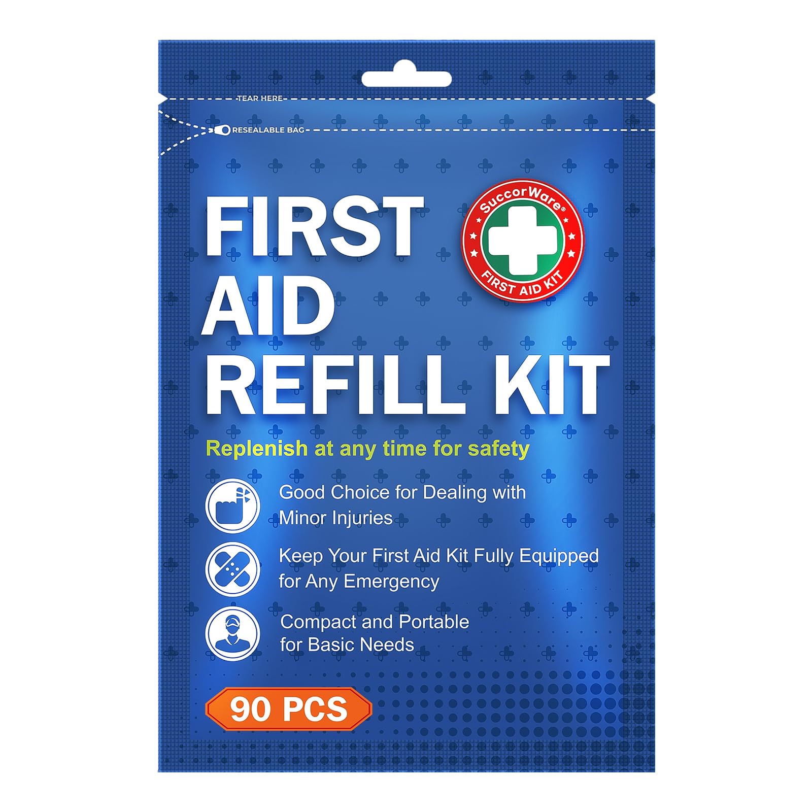 SuccorWare 90-piece refill kit: compact packaging for home or travel readiness.
