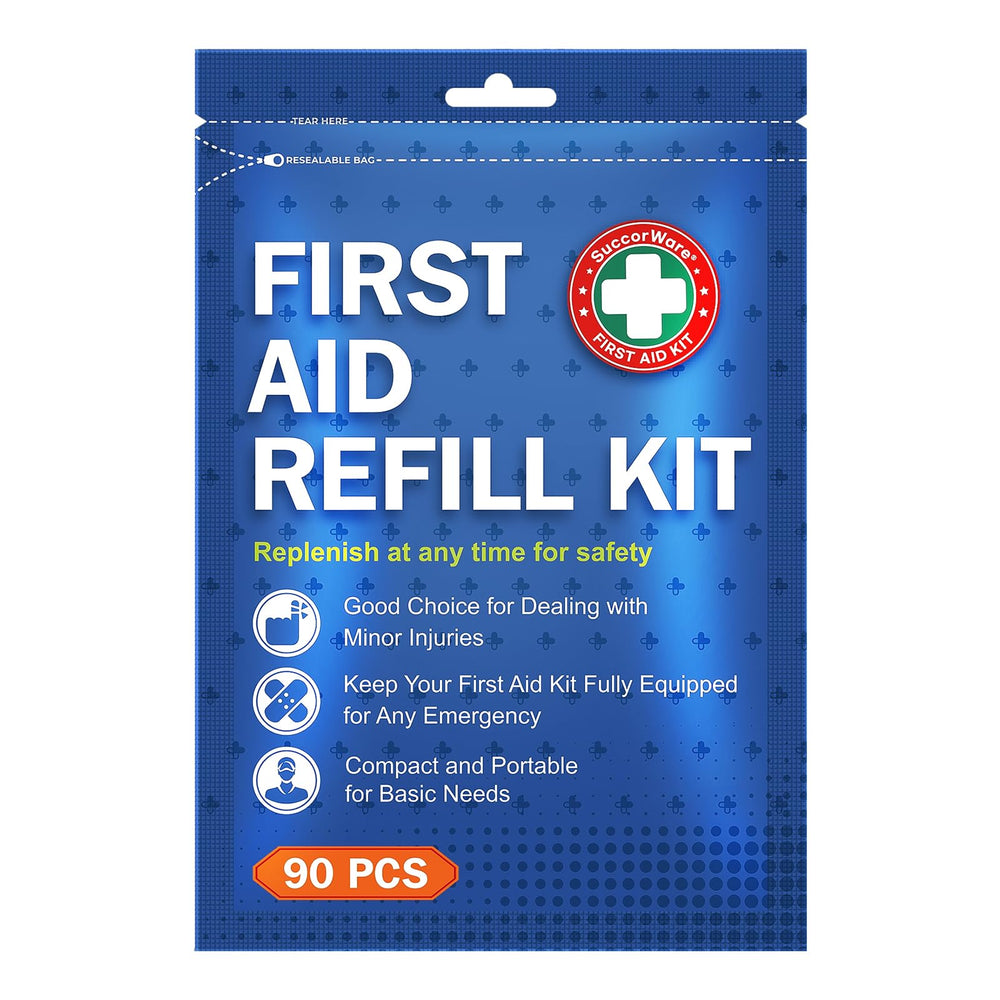 SuccorWare 90-piece refill kit: compact packaging for home or travel readiness.