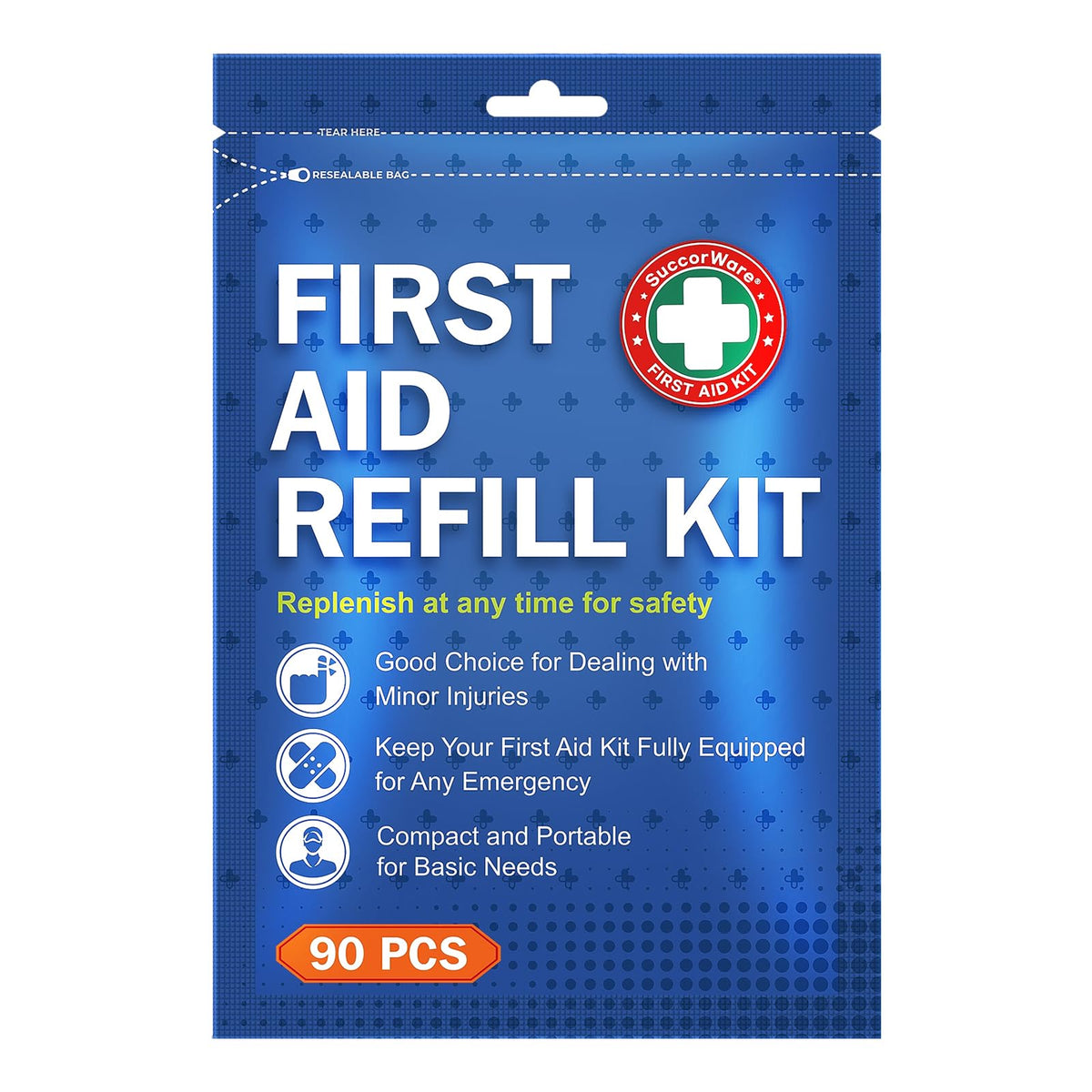 SuccorWare 90-piece refill kit: compact packaging for home or travel readiness.