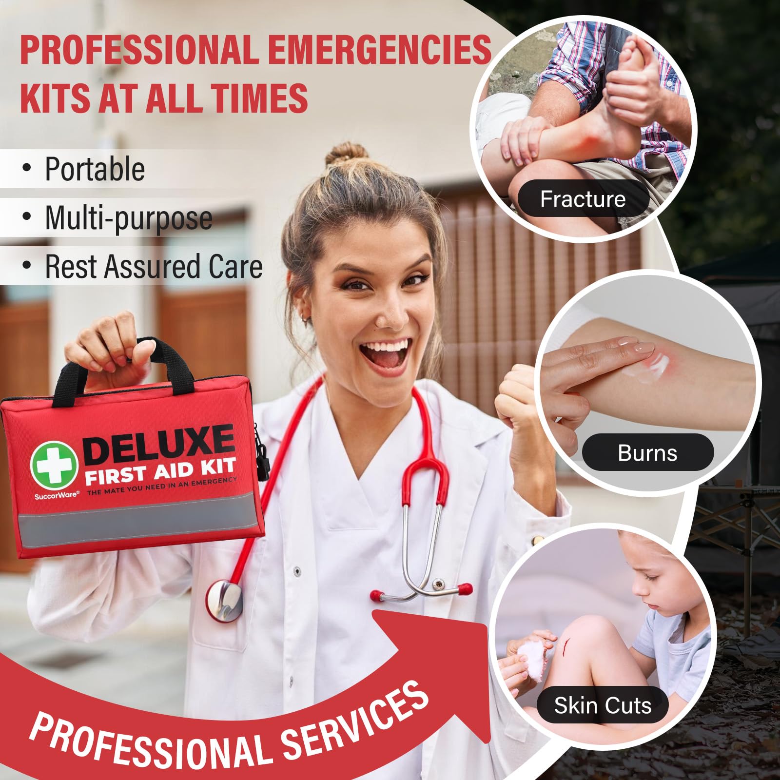 SuccorWare kit contents including bandages and gauze rolls for quick wound care.