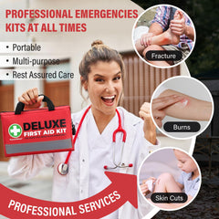 SuccorWare kit contents including bandages and gauze rolls for quick wound care.