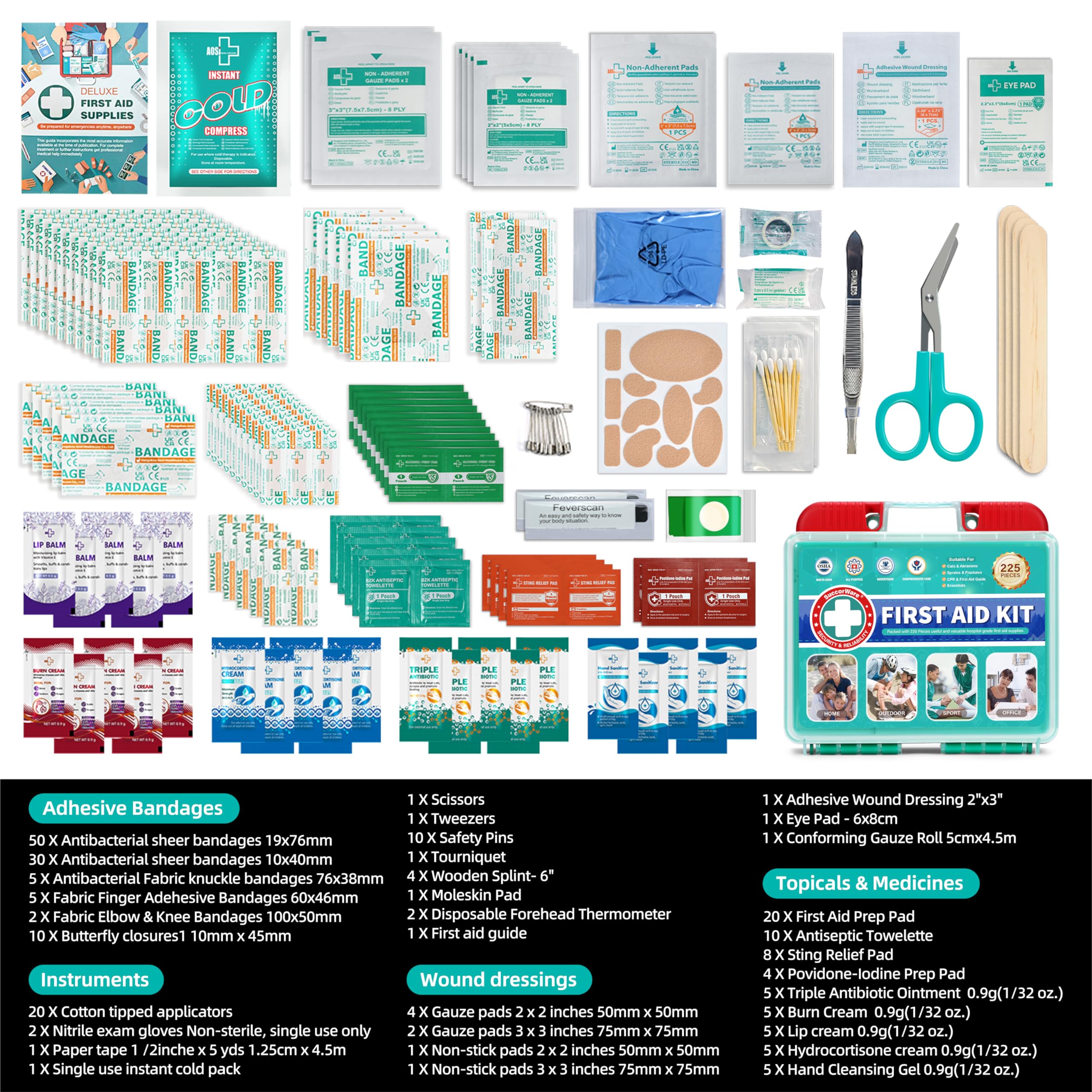 SuccorWare bandages gauze pads collection demonstrates readiness for minor injuries and everyday scrapes.