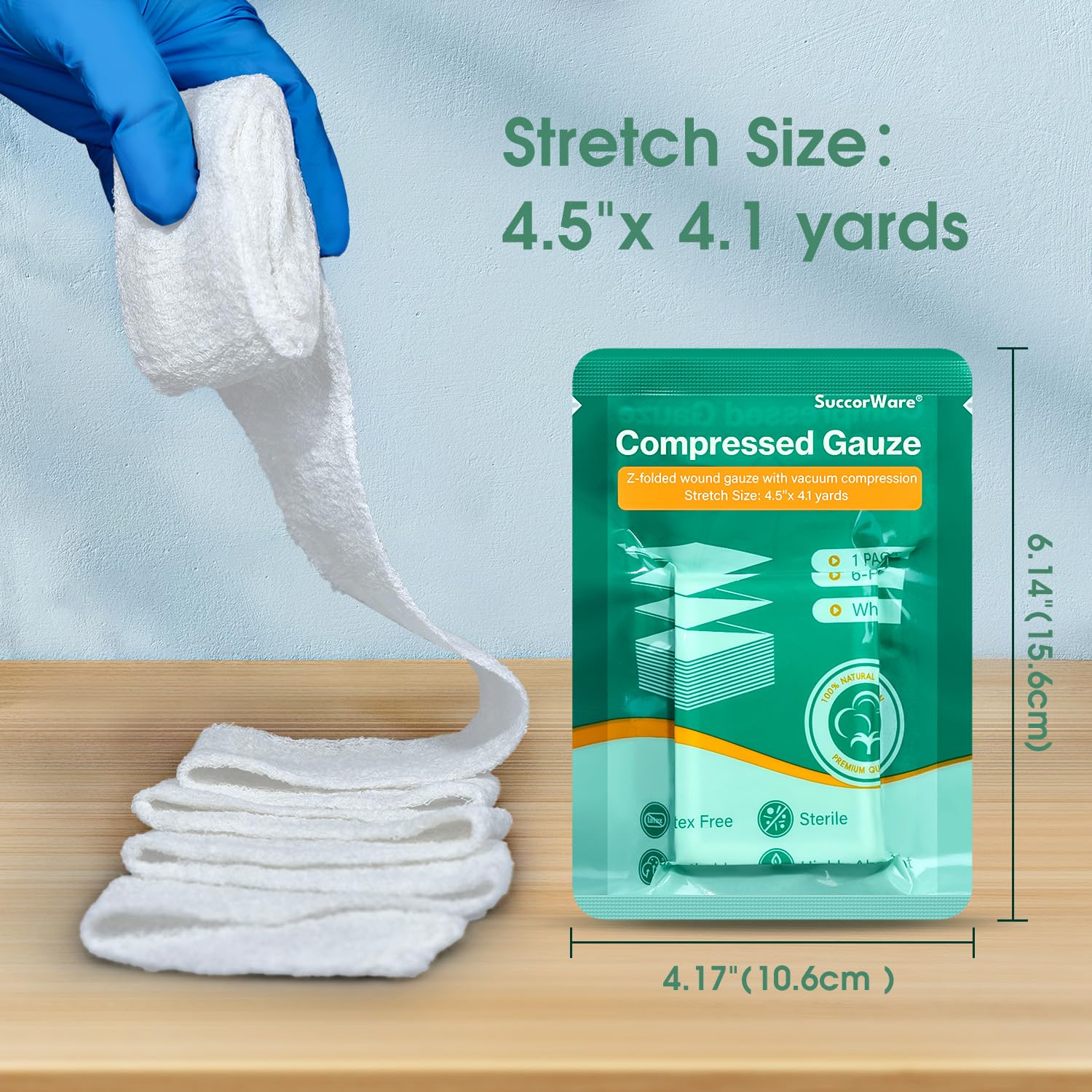 SuccorWare gauze sized 14.7 cm by 10.4 cm fits compact kits for easy storage.