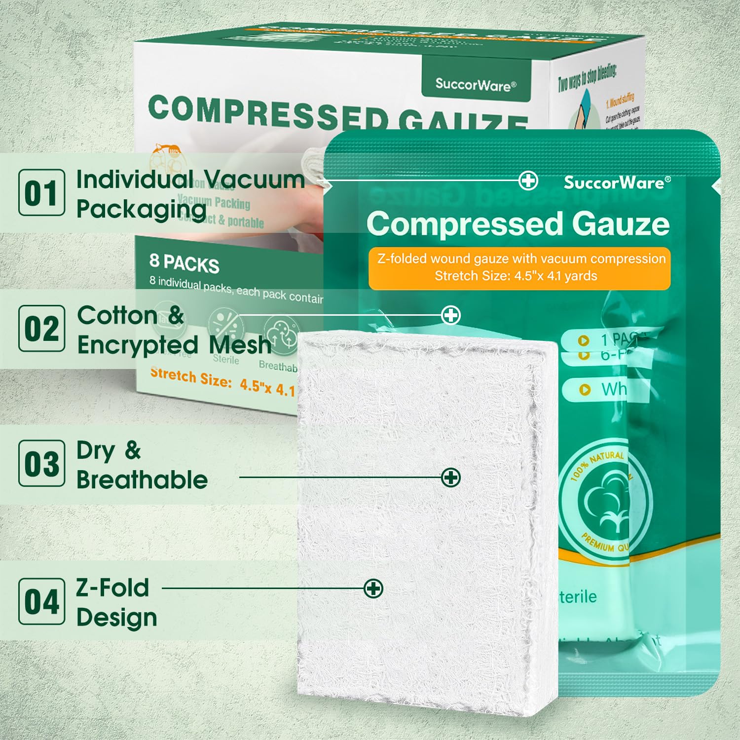 SuccorWare gauze demonstrates wide use in trauma care and emergency dressing scenarios.