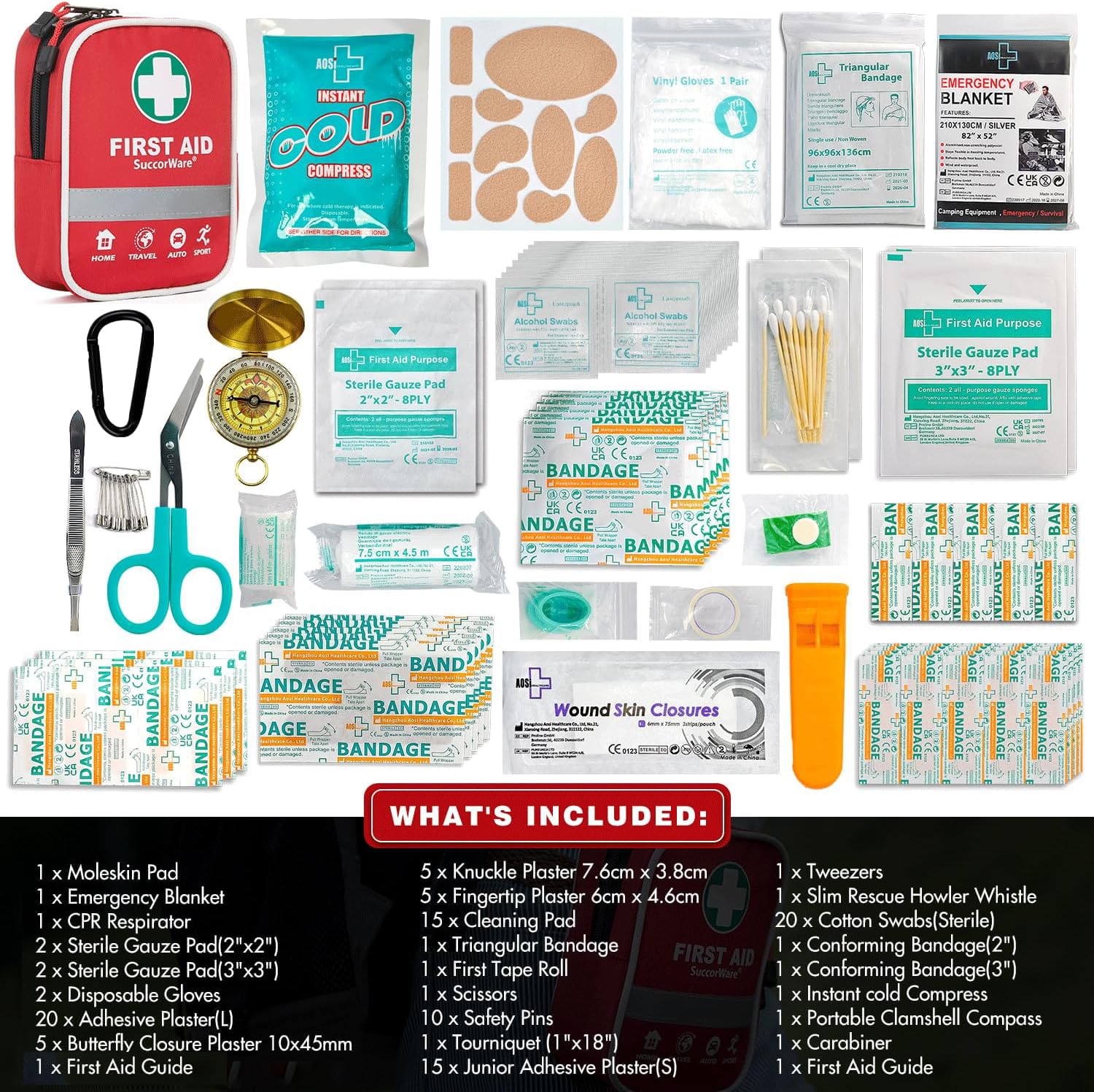 SuccorWare 130-piece kit with triangular bandages focus, quick field care