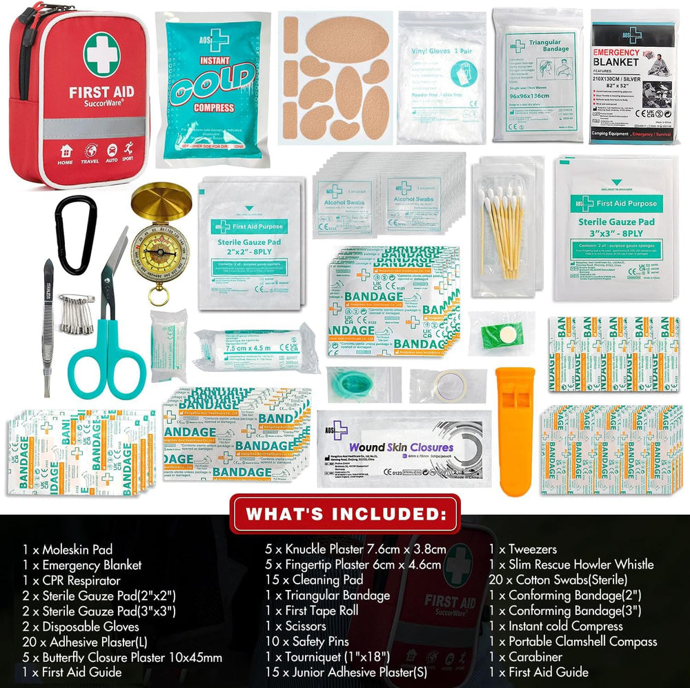 SuccorWare 130-piece kit with triangular bandages focus, quick field care