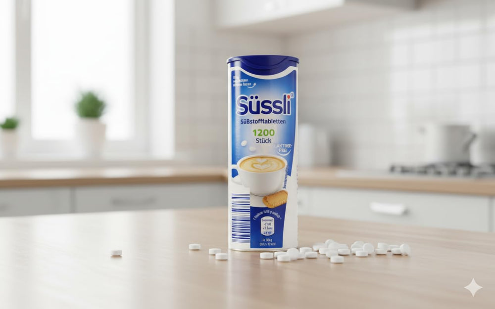 Suessli lactose-free tablets label, imported from Germany, premium sweetness option.