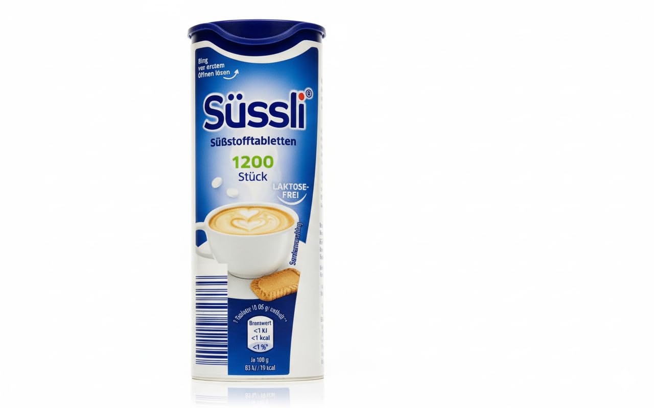 Suessli sweetener tablets in dispenser, convenient portion control for coffee and tea.