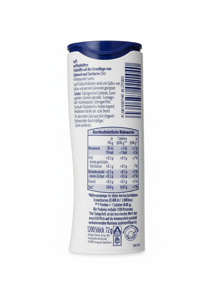 Suessli tablets close-up packaging, lactose-free formulation for daily sweetening needs.