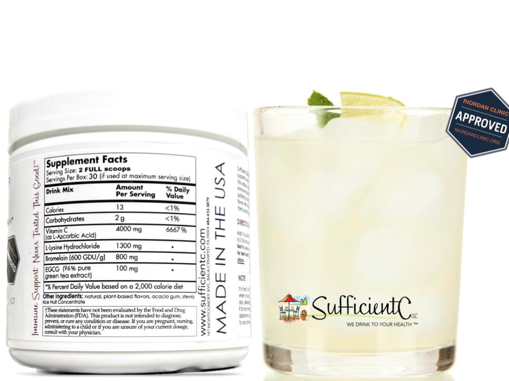 Sufficient-C lemon peach drink mix 2-pack back view highlights plant-based flavors and premium ingredients.