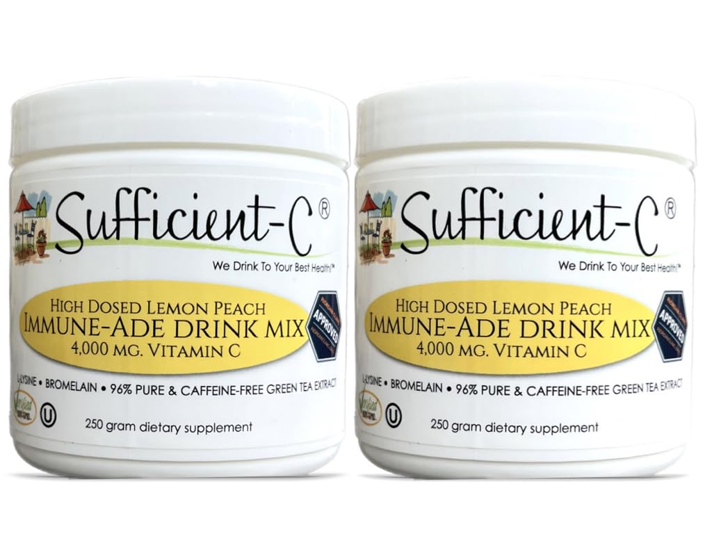 Sufficient-C lemon peach drink mix 2-pack front view showcases refreshing flavor and high-dose hydration support.