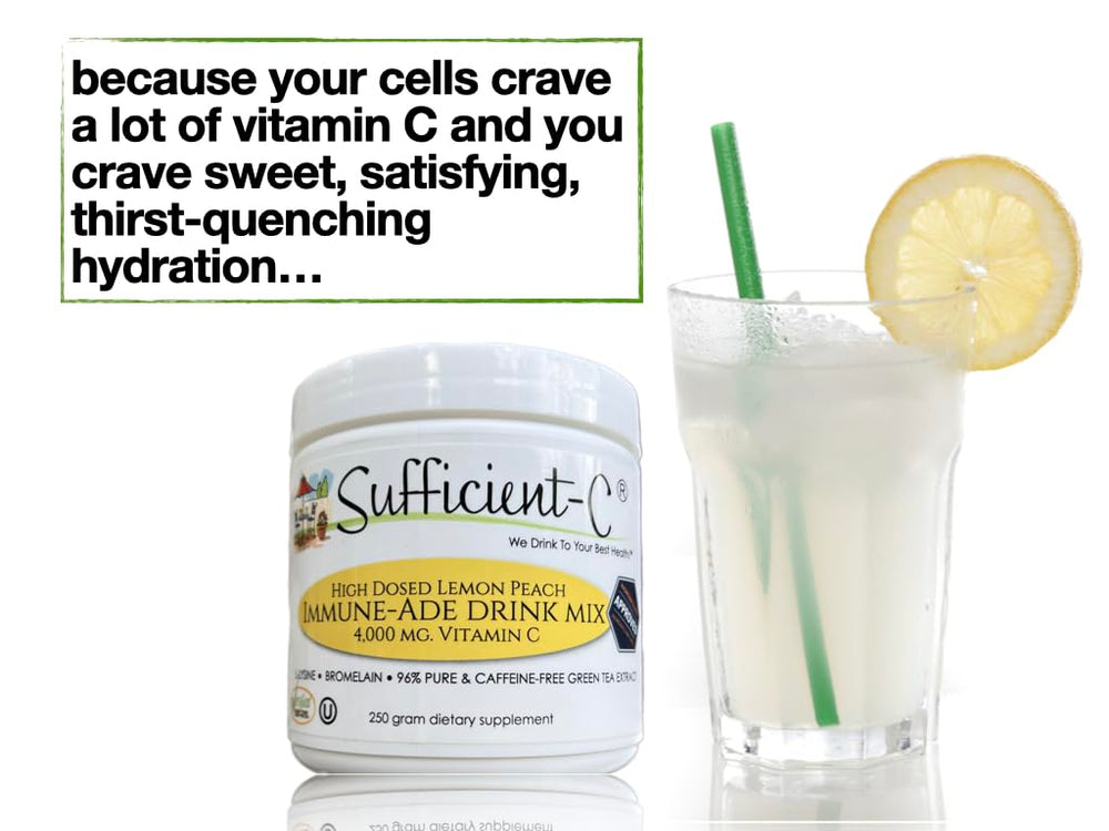 Sufficient-C lemon peach drink mix glass pour showcases inviting color and thirst-quenching hydration.