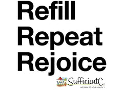 Sufficient-C lemon peach drink mix label closeup emphasizes high-dose vitamin C and natural flavors.