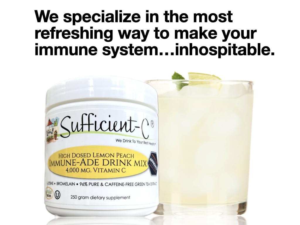 Sufficient-C lemon peach drink mix open pack scene suggests easy preparation and daily refreshment.