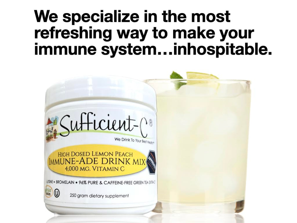 Sufficient-C lemon peach drink mix open pack scene suggests easy preparation and daily refreshment.