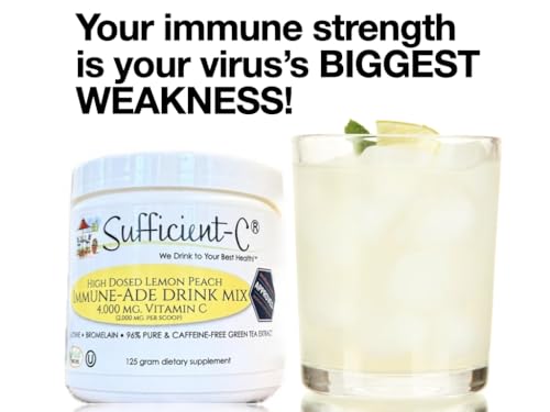 Sufficient-C Lemon Peach mix powder with convenient scoop for easy daily use.