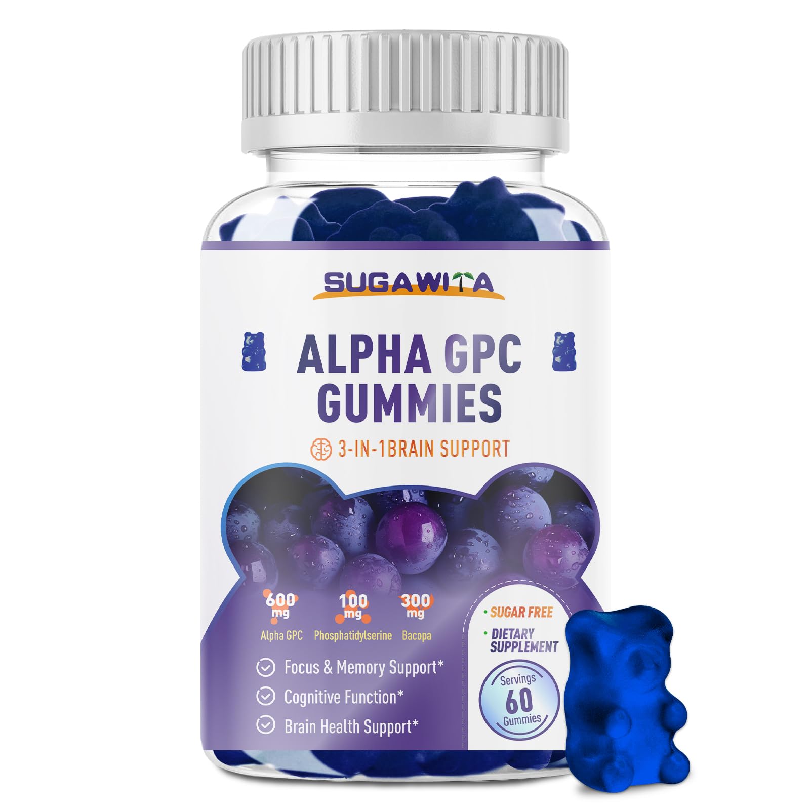 SUGAWITA Alpha GPC Gummies bottle showing 600 mg choline for daily focus