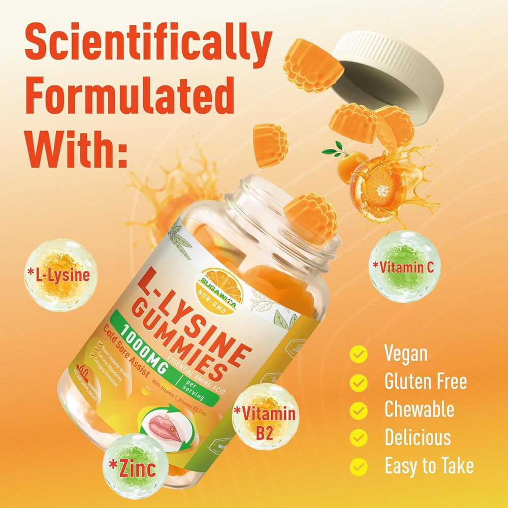SUGAWITA L-Lysine Gummies bottle label emphasizes non-GMO promise.