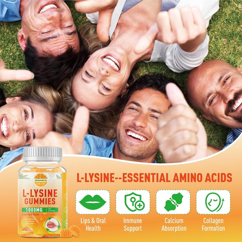 SUGAWITA L-Lysine Gummies packaging closeup shows vegan and gluten-free labeling.
