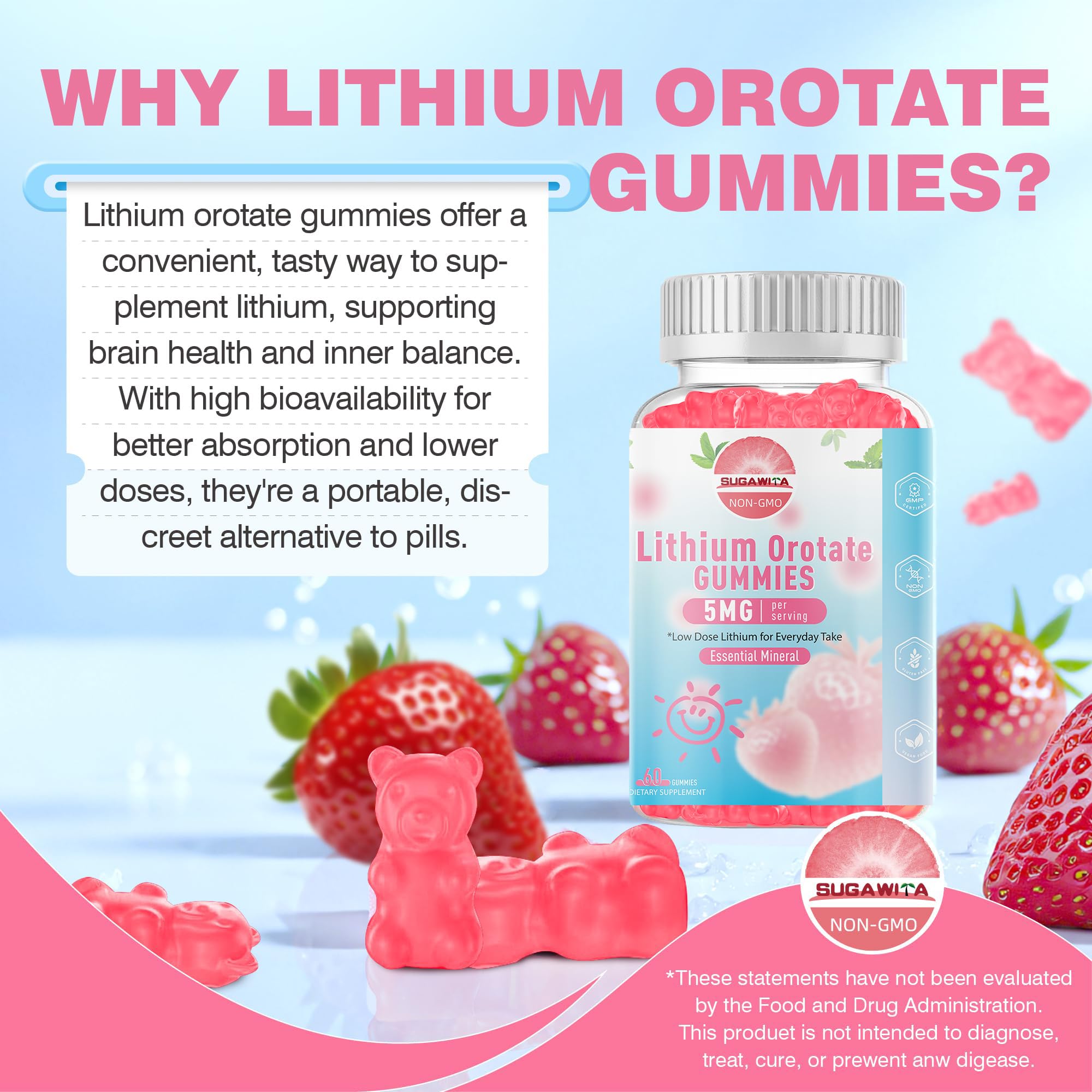 SUGAWITA Lithium Orotate Gummies bottle open showing easy-to-chew vegan format.