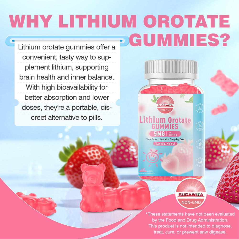 SUGAWITA Lithium Orotate Gummies bottle open showing easy-to-chew vegan format.