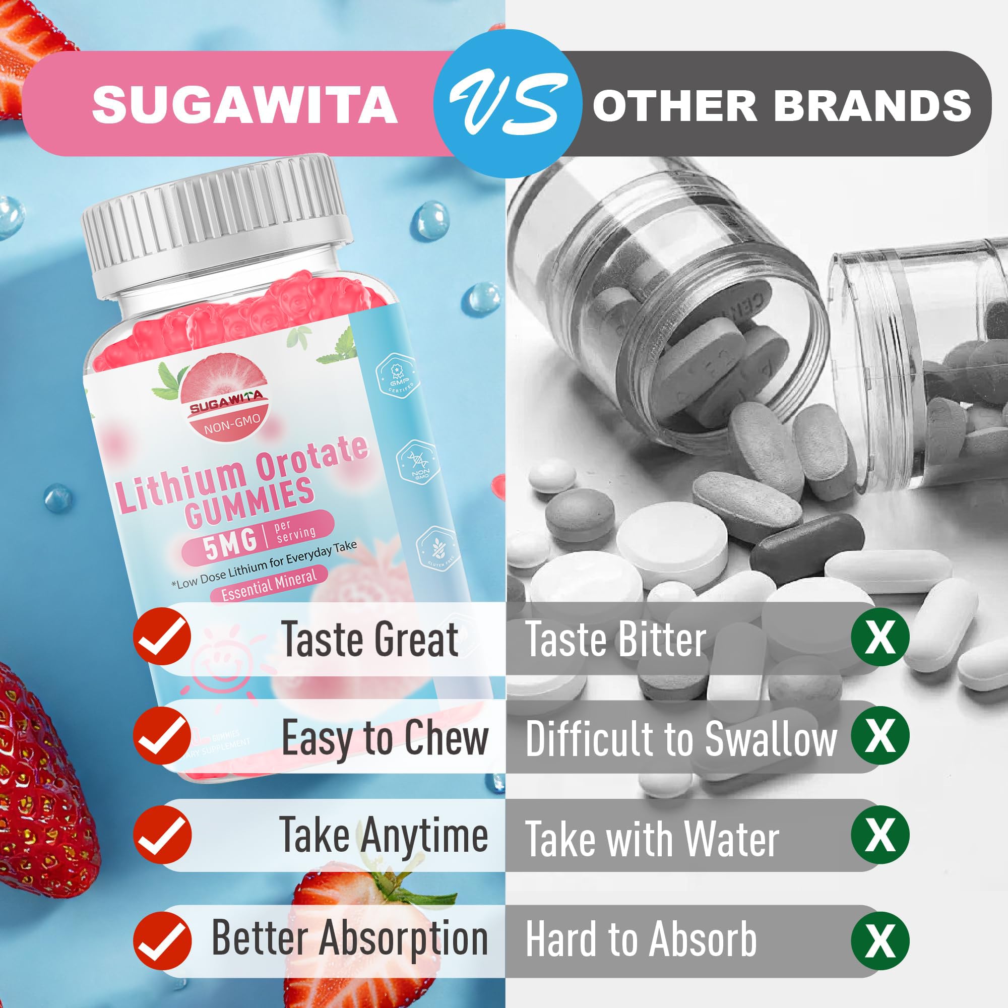 SUGAWITA ingredients reveal dairy-free vegan formula and natural fruit flavor.