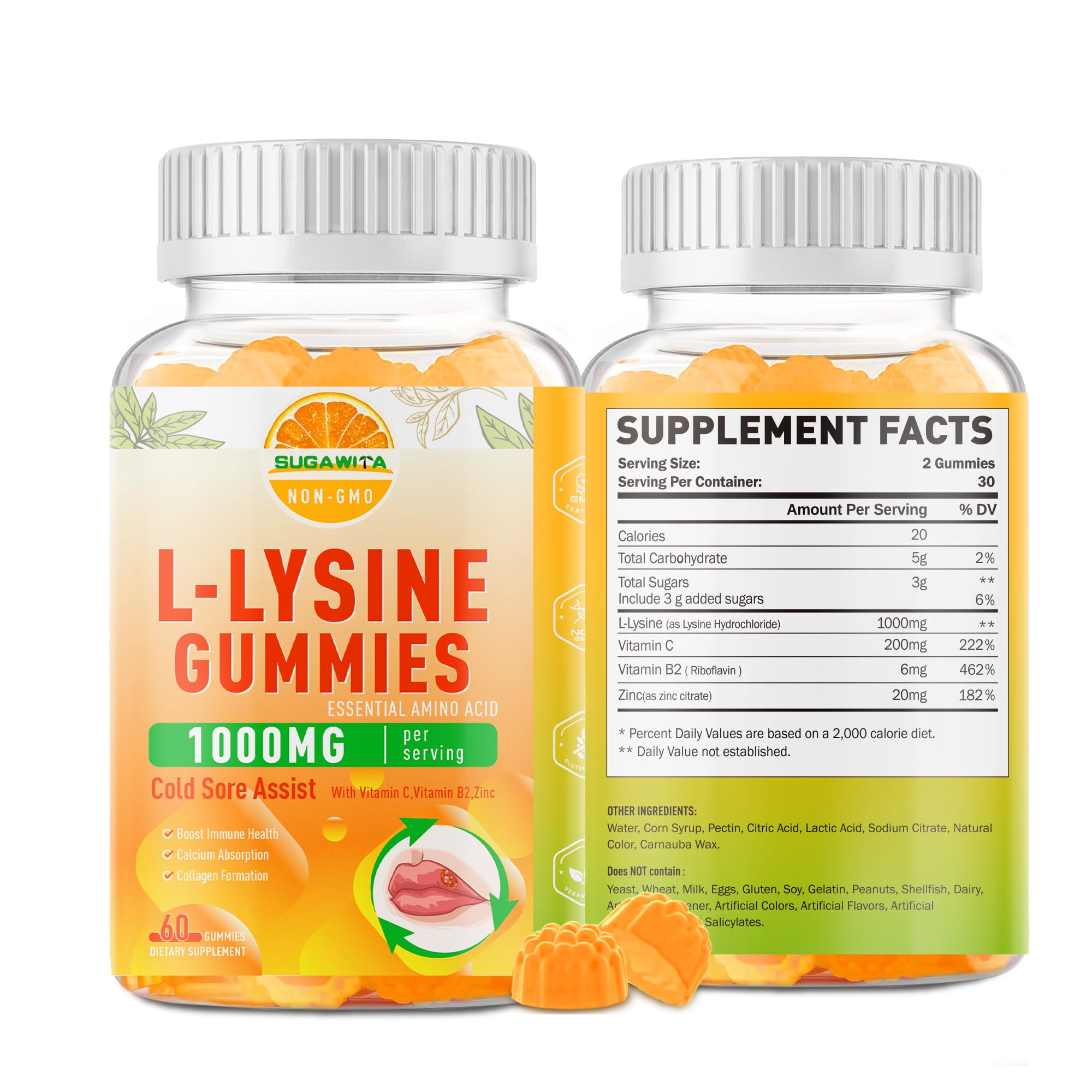 SUGAWITA Lysine Gummies 1000mg bottle for convenient daily immune support.