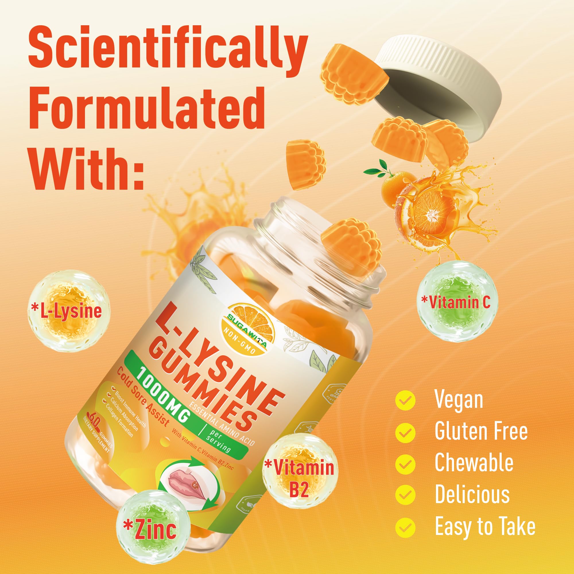 SUGAWITA Lysine Gummies kid-friendly daily dose for lips health.